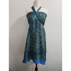 30in Magic Skirt Silk Blend All-in-one Wrap Blue Floral Sari Layered Boho Fairy